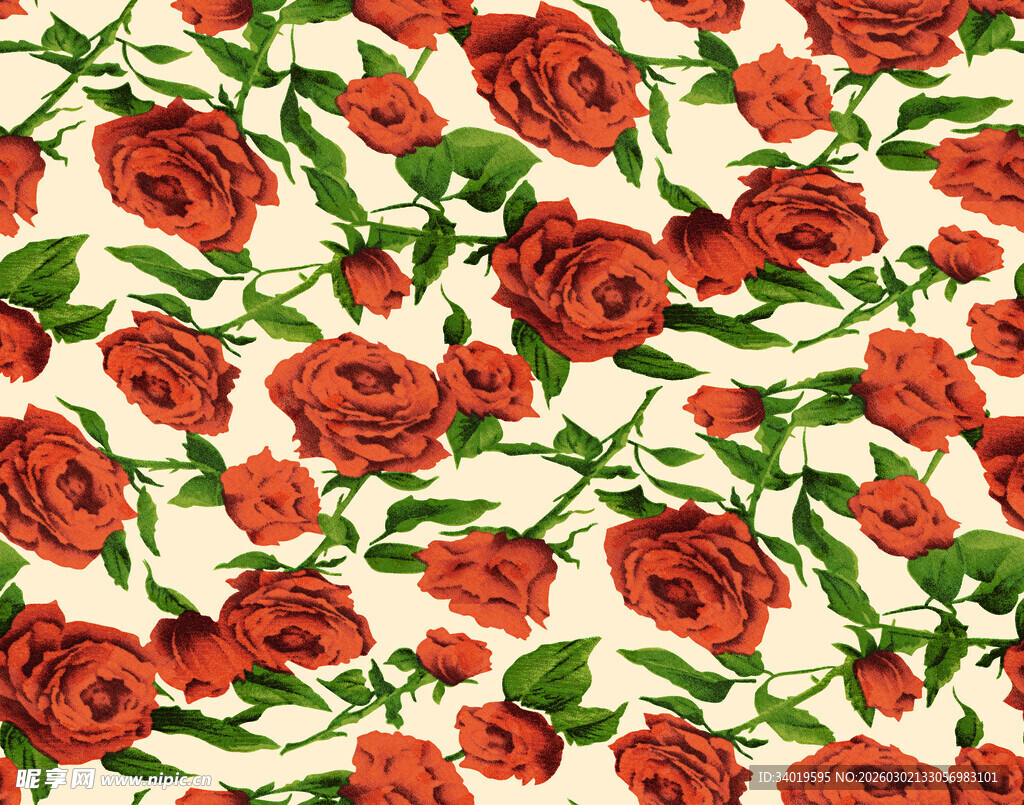 红玫瑰花卉无缝图案背景