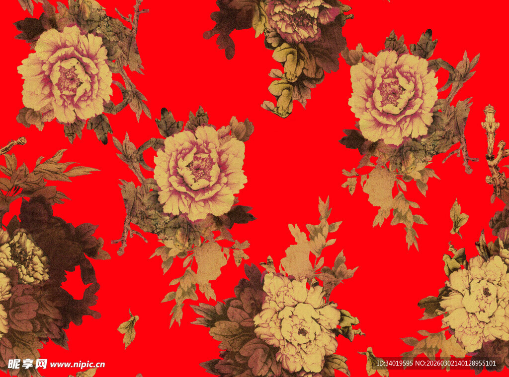 红色花卉图案布料纹理