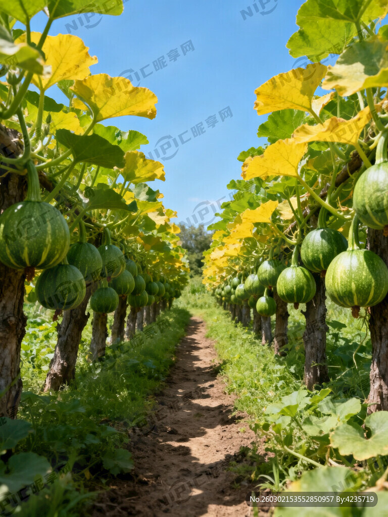 请帮我生成一幅贝贝南瓜的的果园