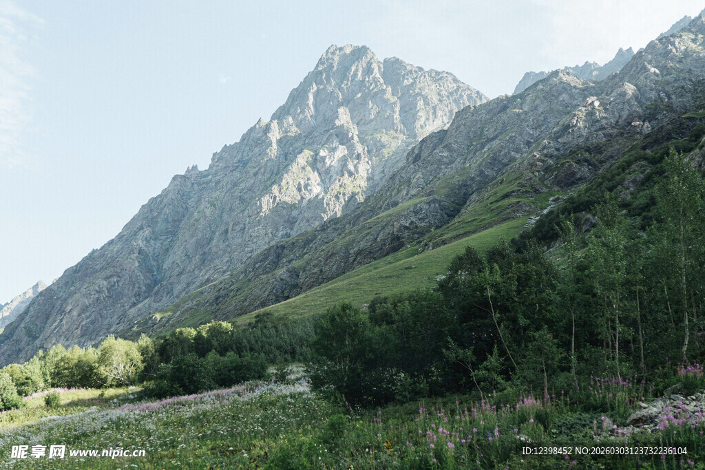 山间绿野中的巍峨山峰