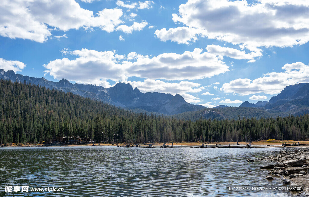湖畔青山蓝天白云美景