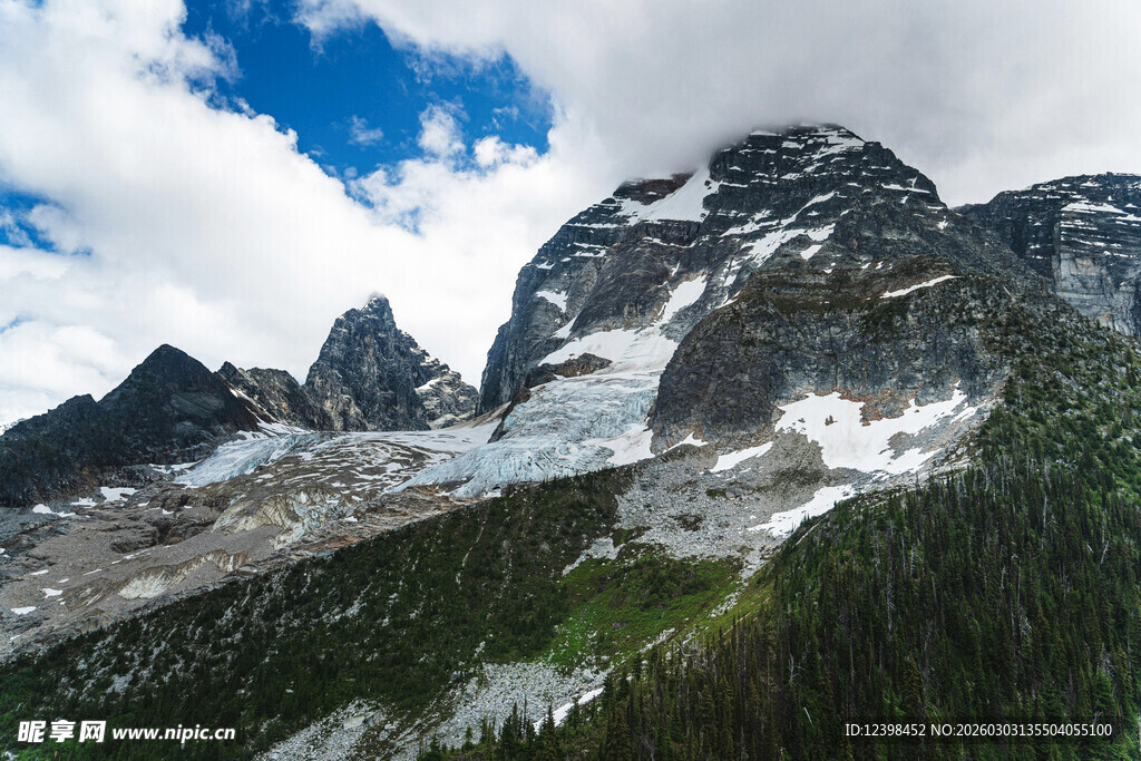 壮丽雪山与葱郁山林景观
