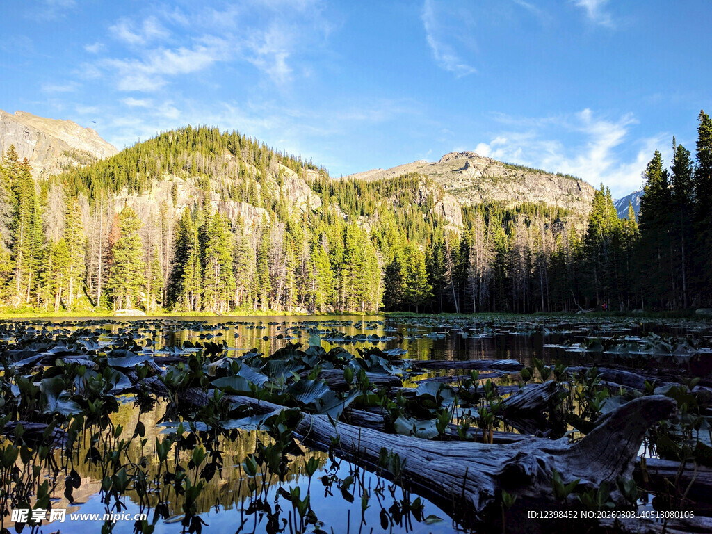 山间静谧湖泊与森林倒影