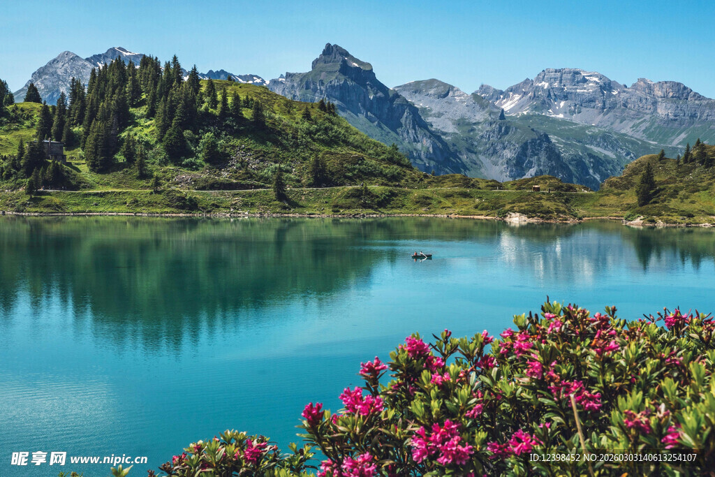 湖畔繁花映青山美景