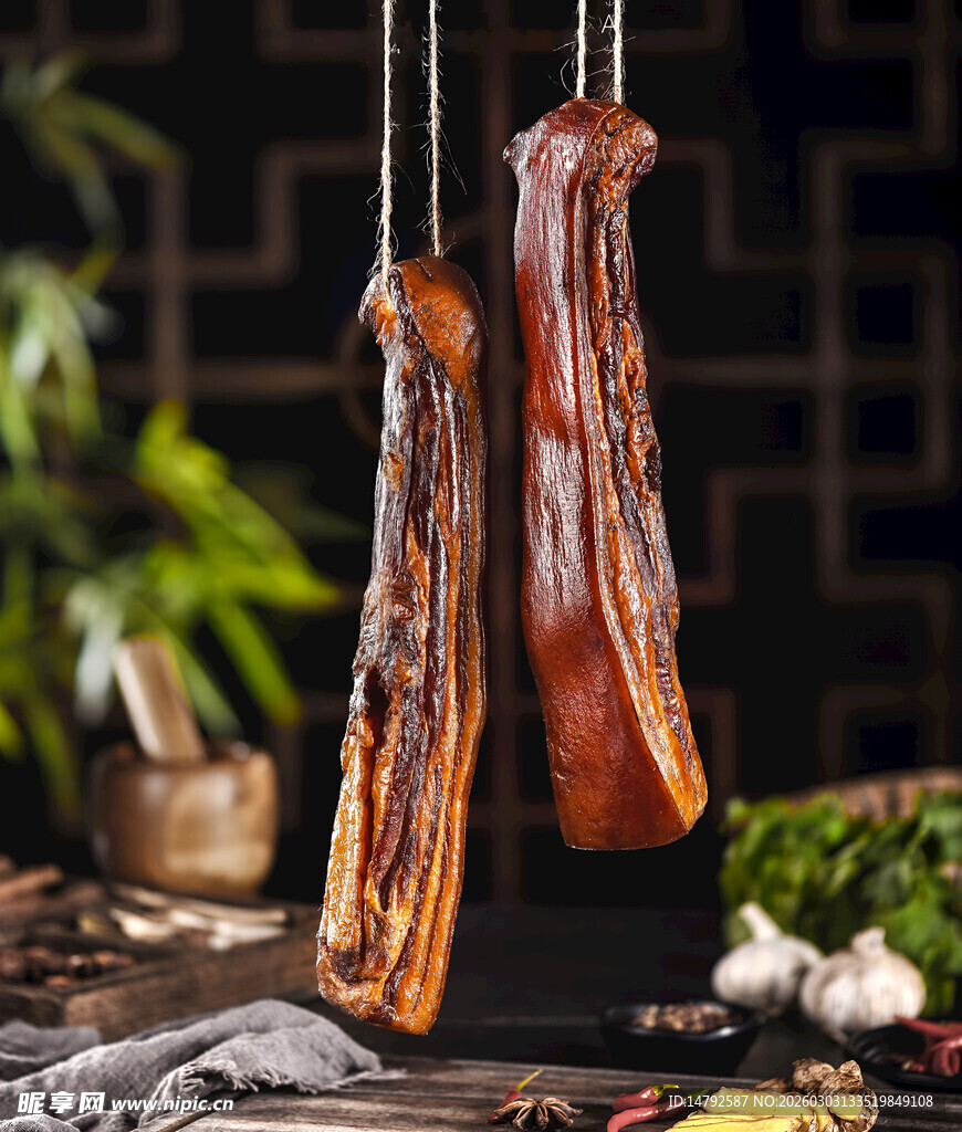 悬挂的美味传统风味腊肉