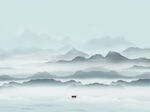 水墨山水间孤舟泛江景