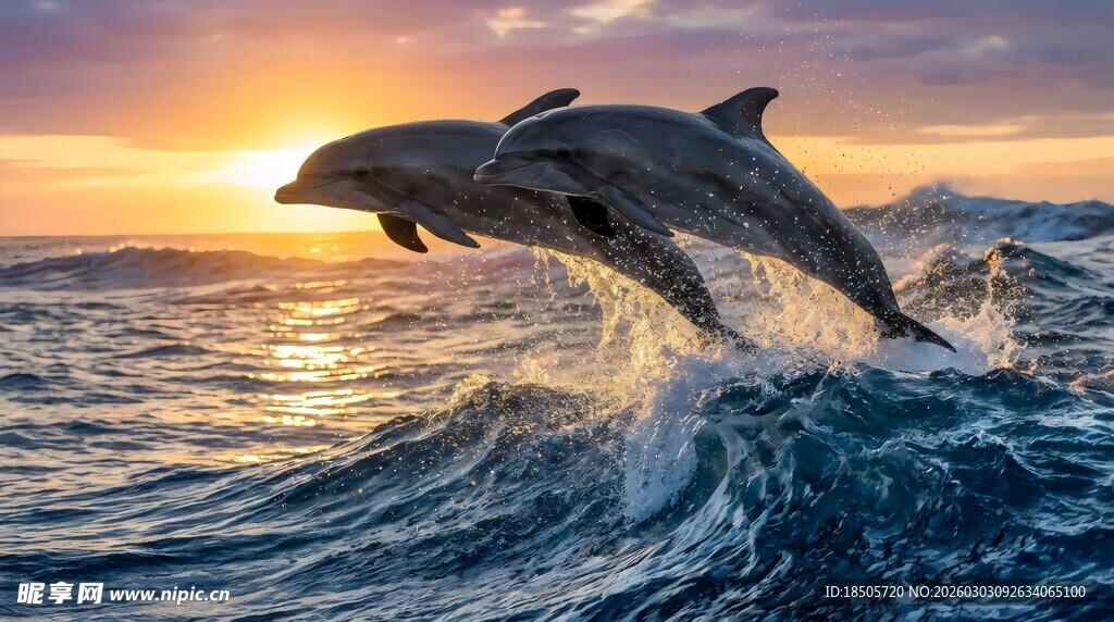 夕阳下海豚跃出海面