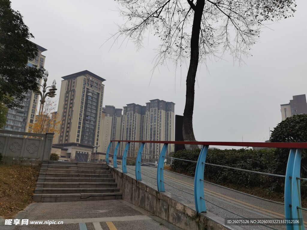 城市步道旁的高楼景观