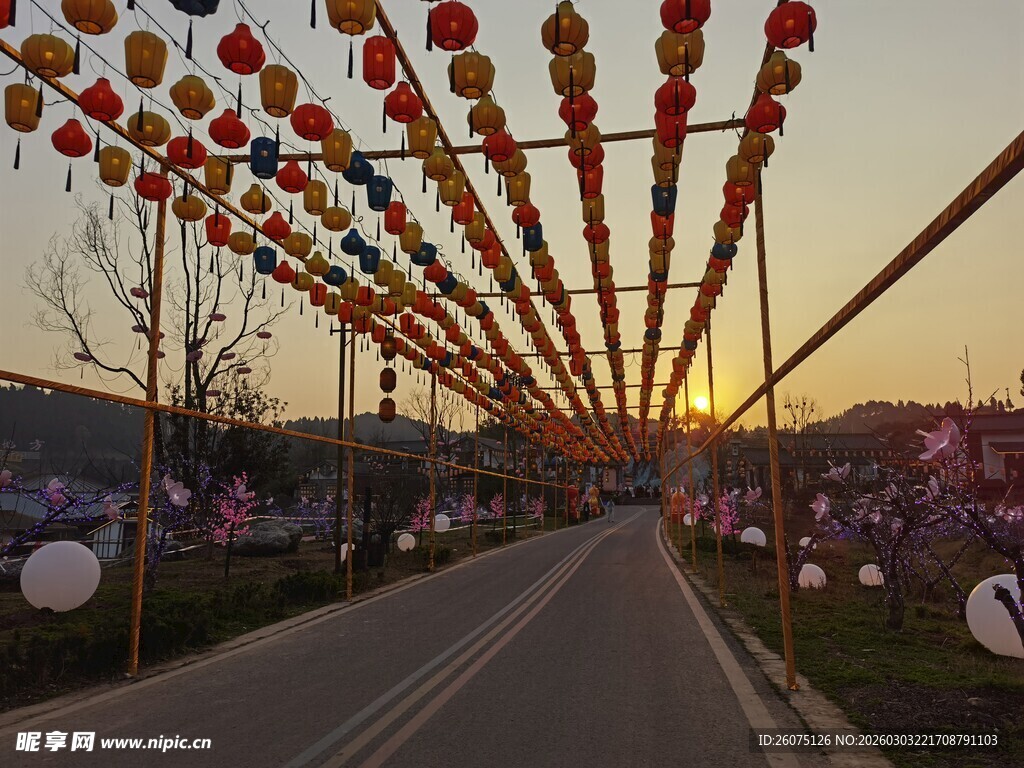 夕阳下路两旁的中式灯笼