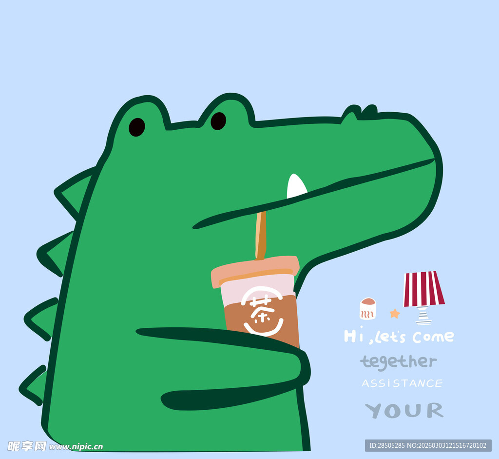 卡通鳄鱼手持饮料与快餐