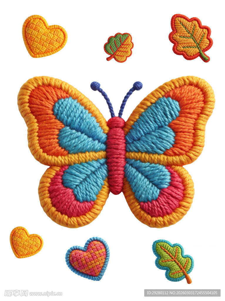 多彩刺绣蝴蝶与装饰图案