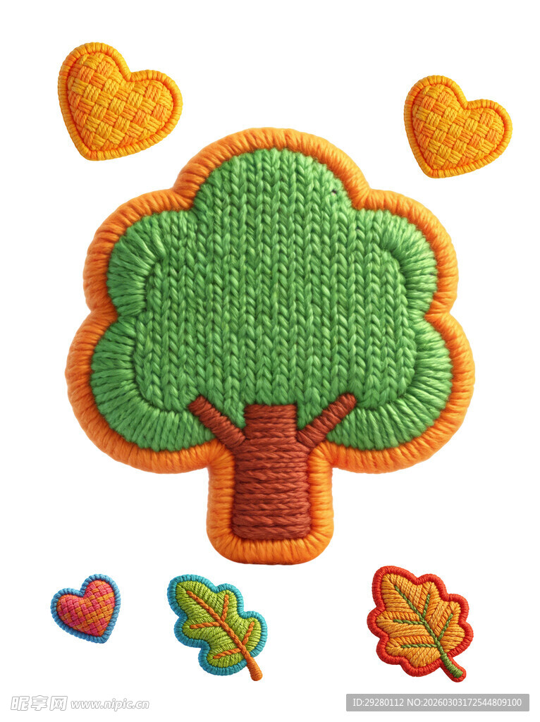可爱树与心形叶子刺绣图案