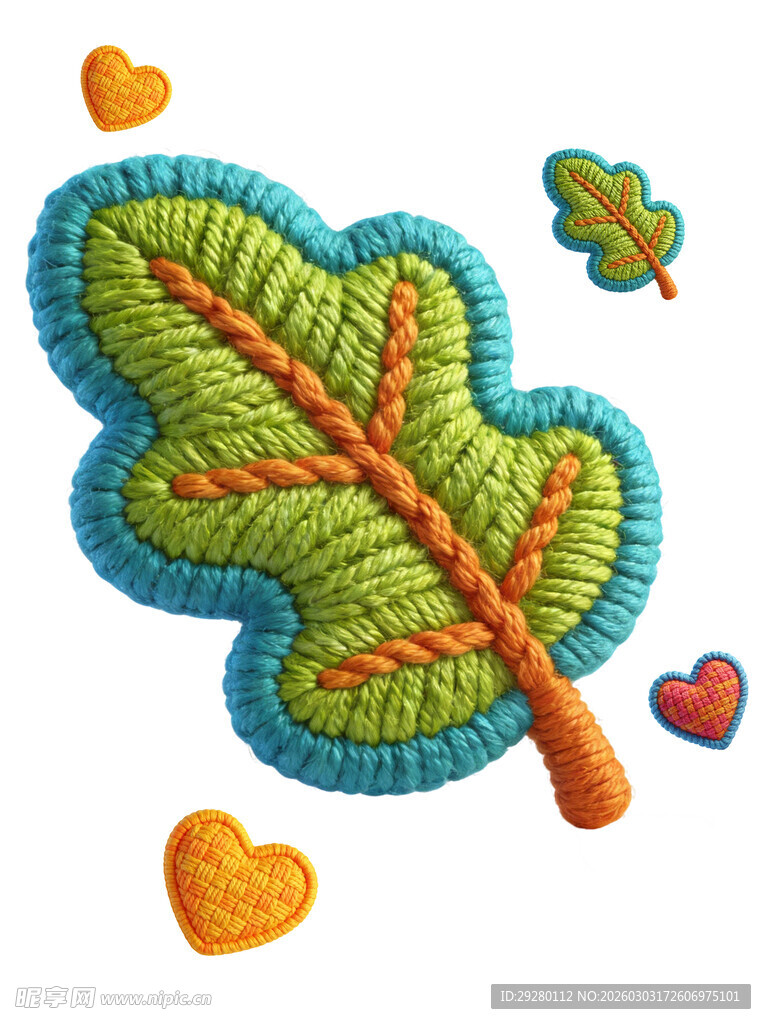 手工刺绣绿叶与装饰图案