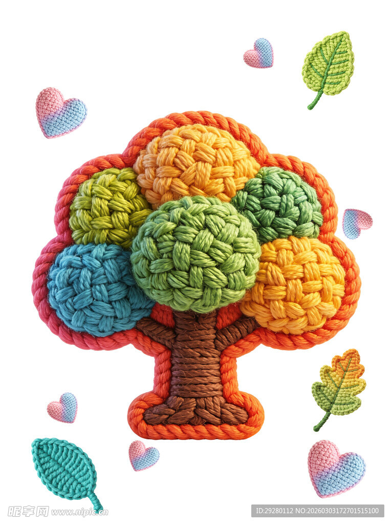 彩色钩织树与爱心装饰