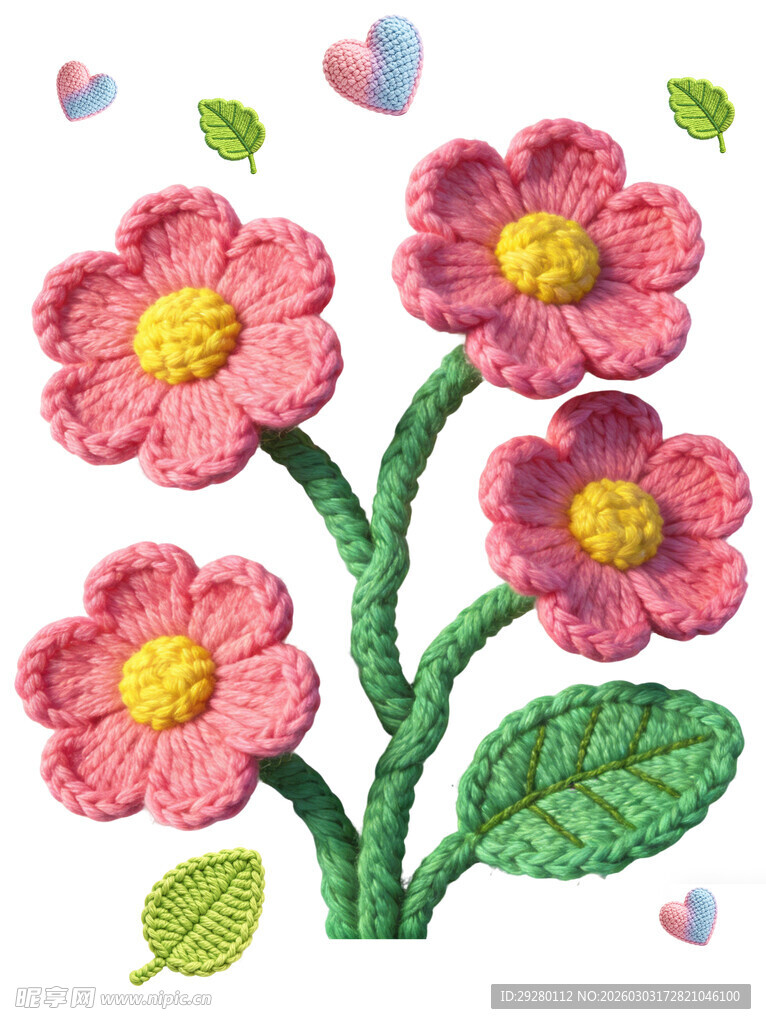 粉色绣花花朵绿叶图案