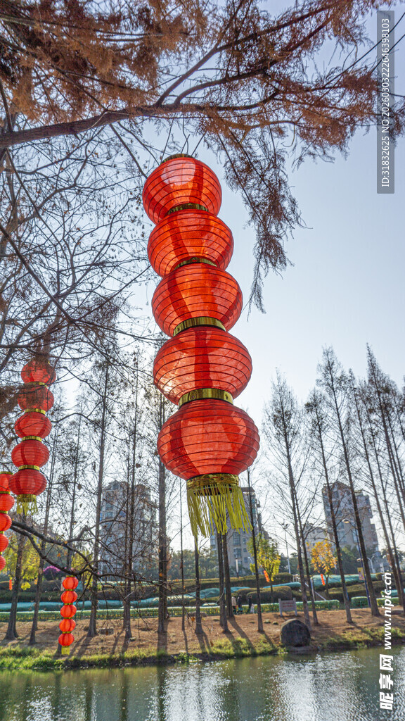 湖畔垂挂的喜庆红灯笼