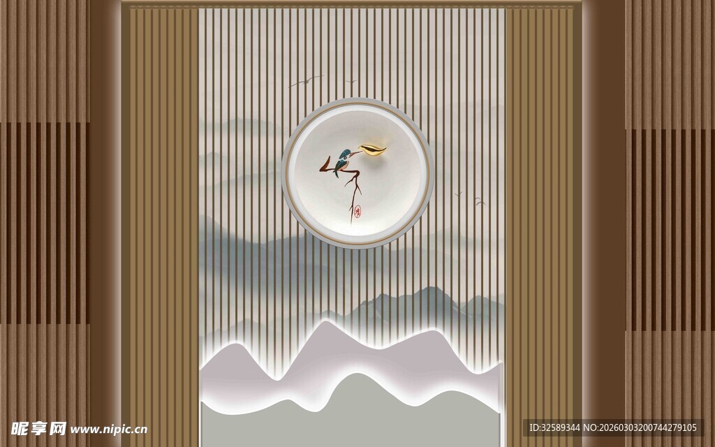 中式窗景下的飞鸟与云纹