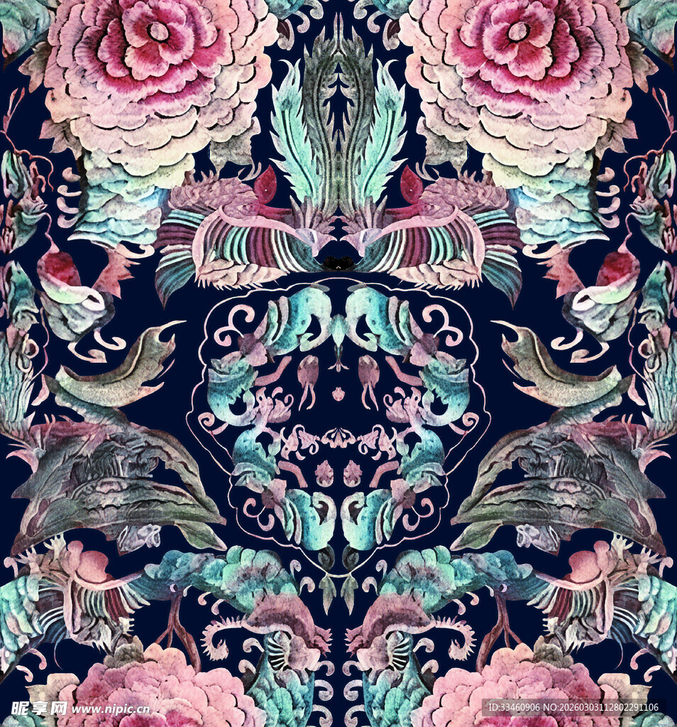 花卉动物交织的绚丽图案