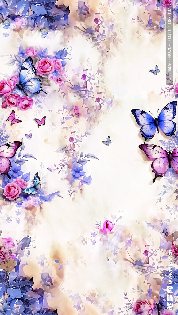 梦幻花卉蝴蝶水彩背景图
