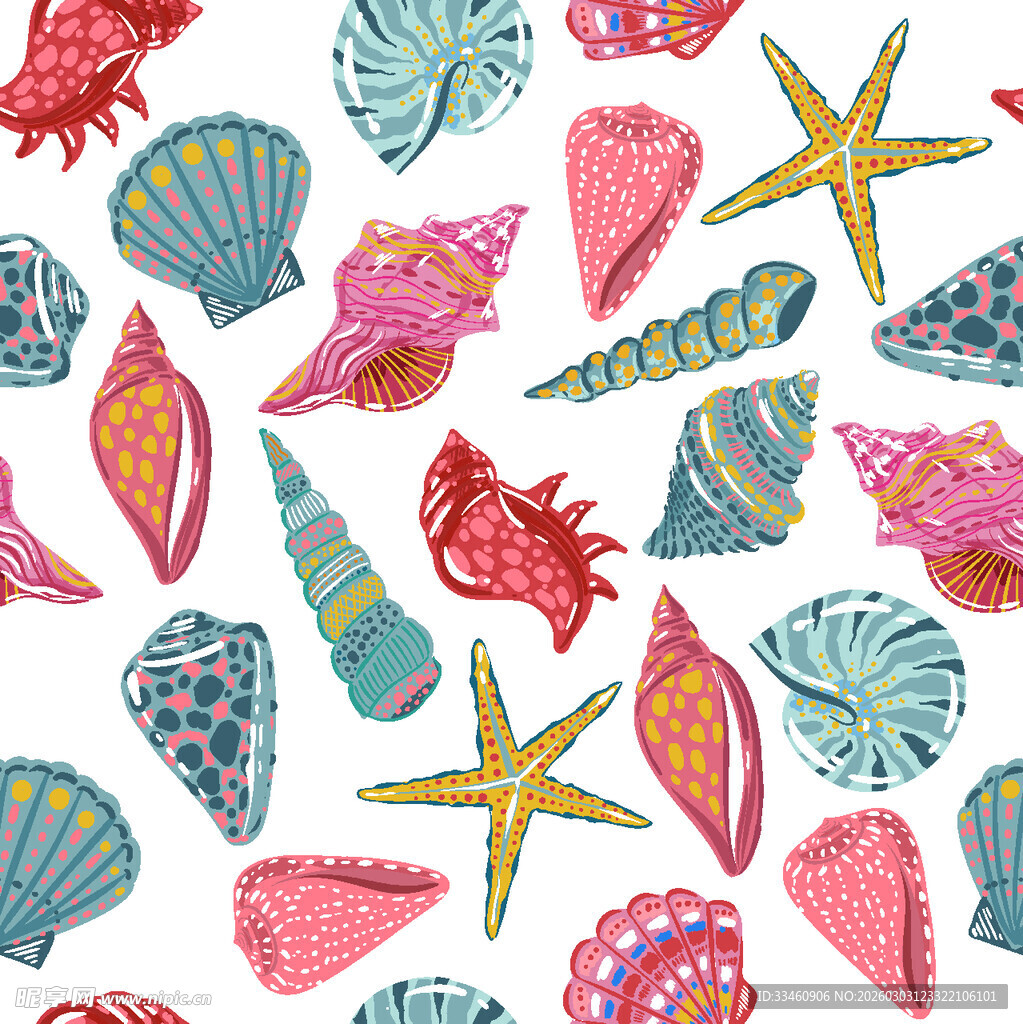 多彩手绘贝壳海星图案