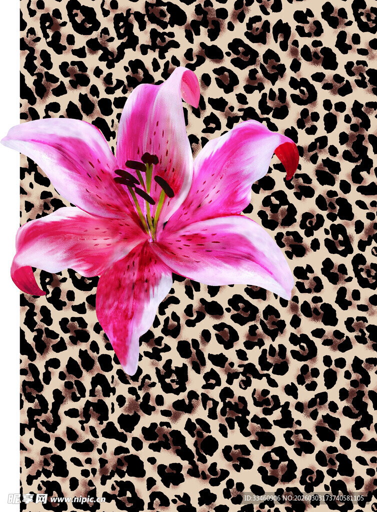 豹纹背景上的粉色百合花