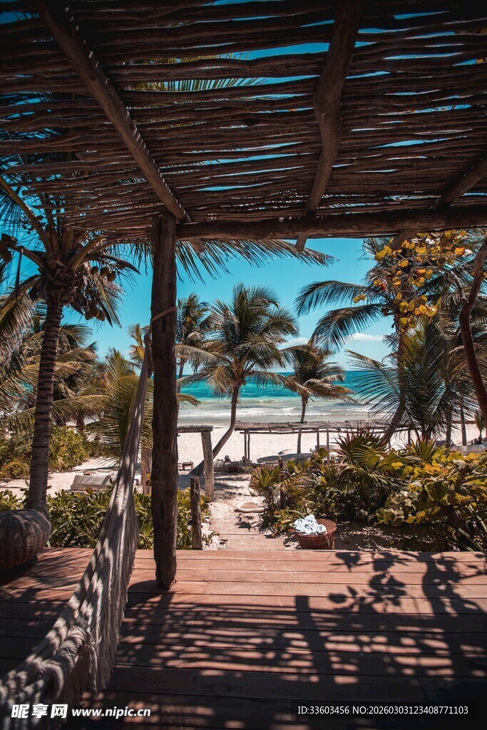 热带海滩遮阳下的美景