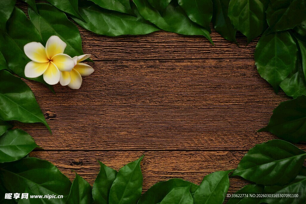 绿叶繁花环绕的木质背景