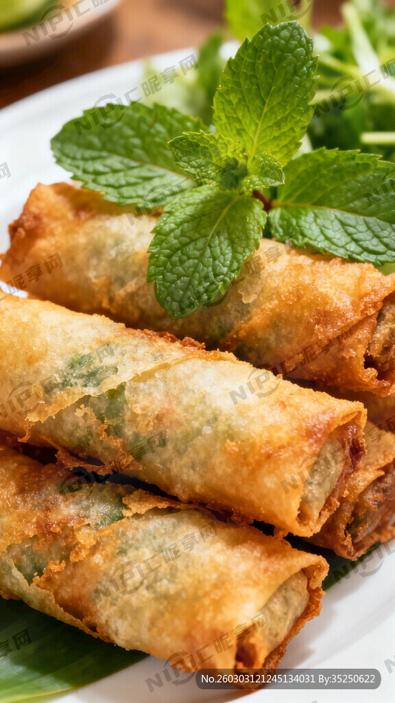 一盘越南炸春卷  有薄荷摆盘