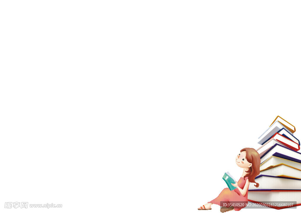 女孩倚坐书堆阅读场景