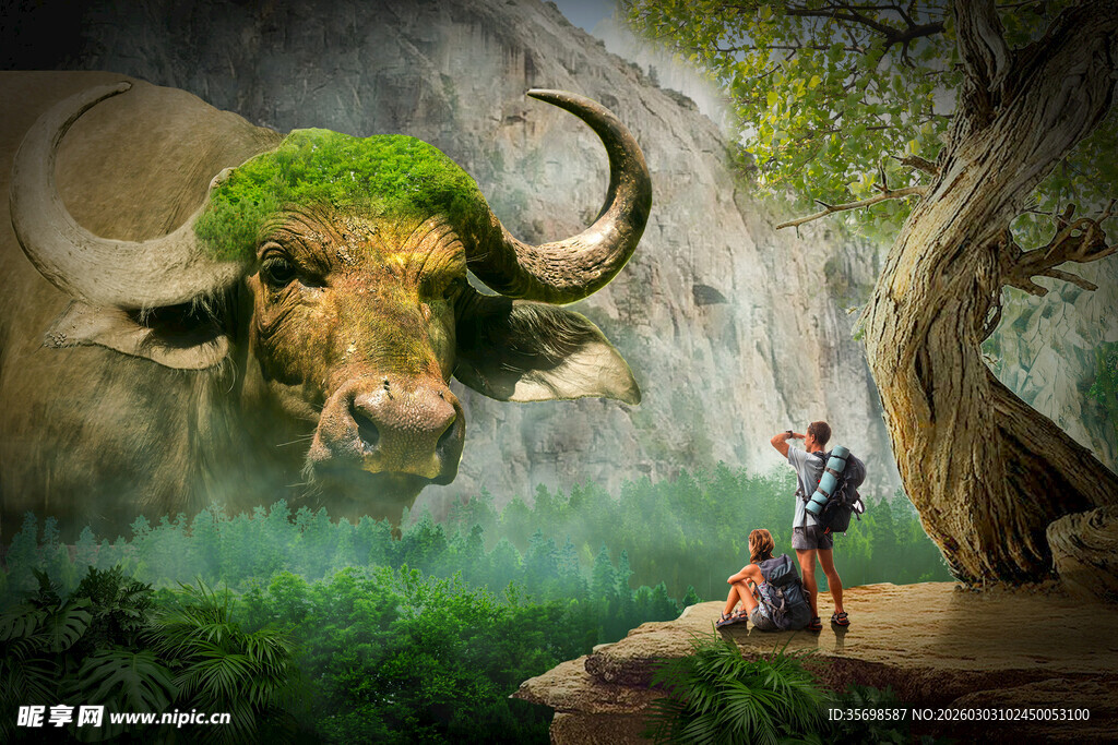 奇幻森林中人与巨牛的奇景