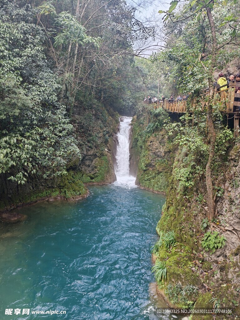 山间幽美瀑布下的碧绿溪流