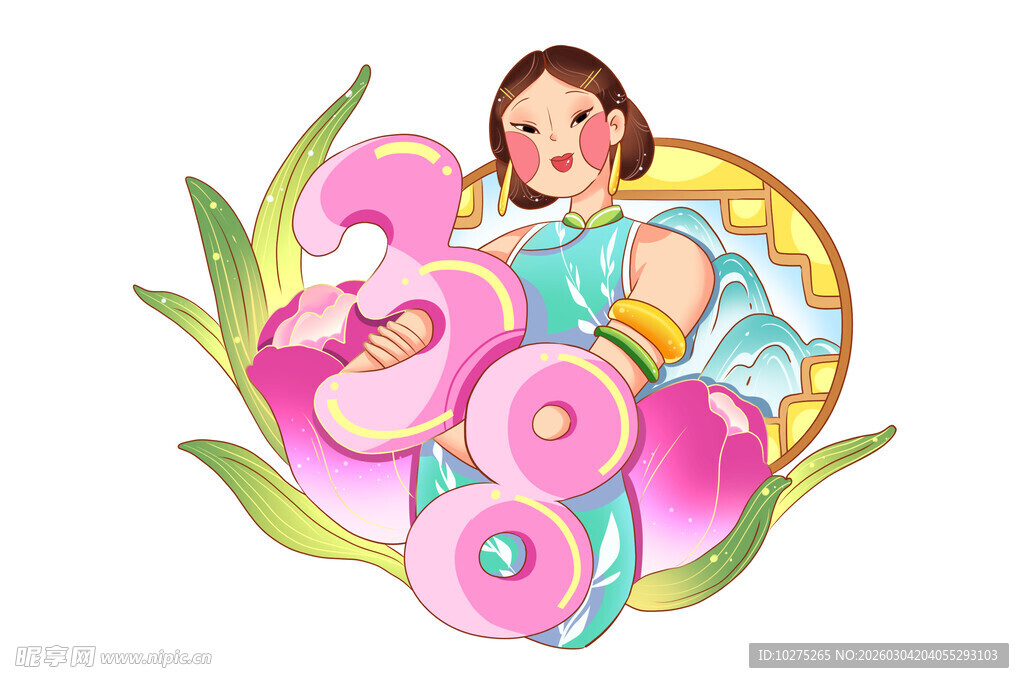 三八妇女节国风时尚女性装饰插画