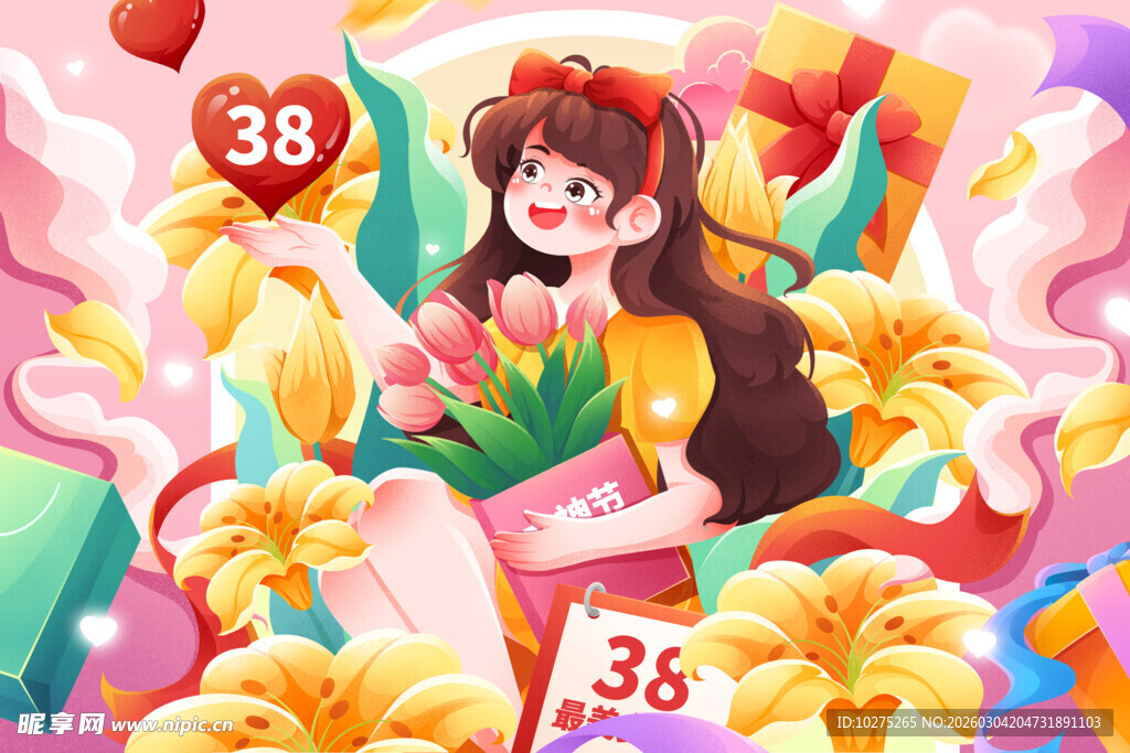 粉色3月8日女神节花中女孩插画