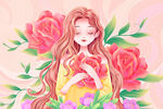 唯美长发女生抱着花插画