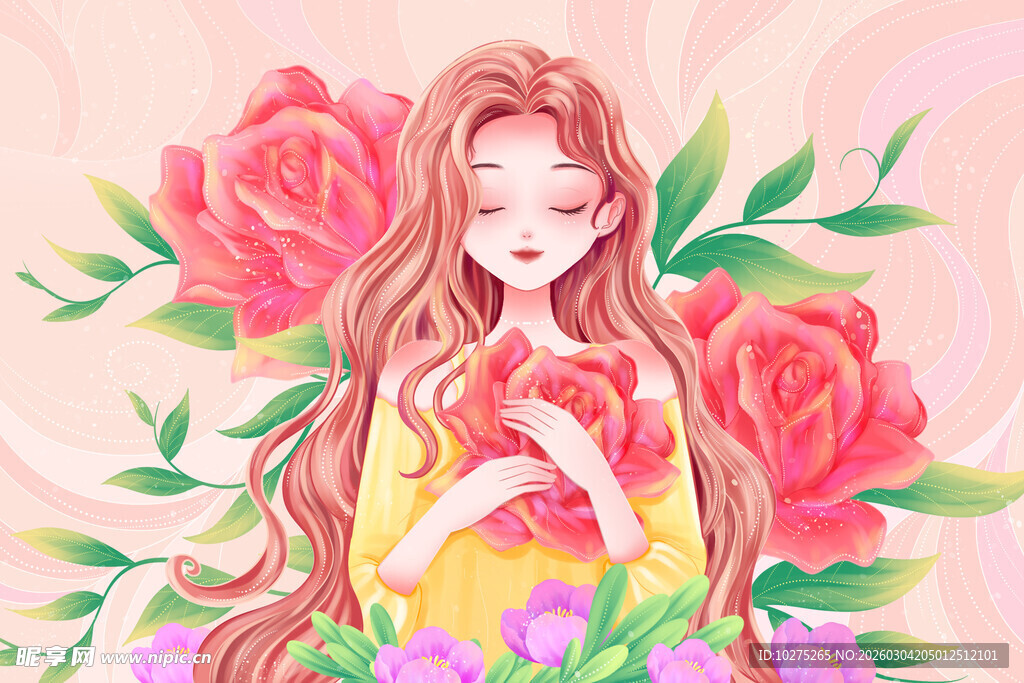 唯美长发女生抱着花插画