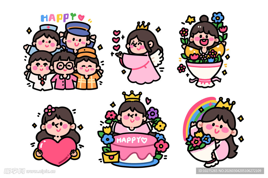 手绘卡通国际妇女节小贴纸