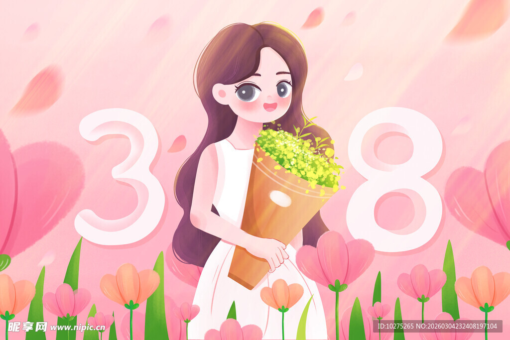 唯美清新38妇女节少女插画