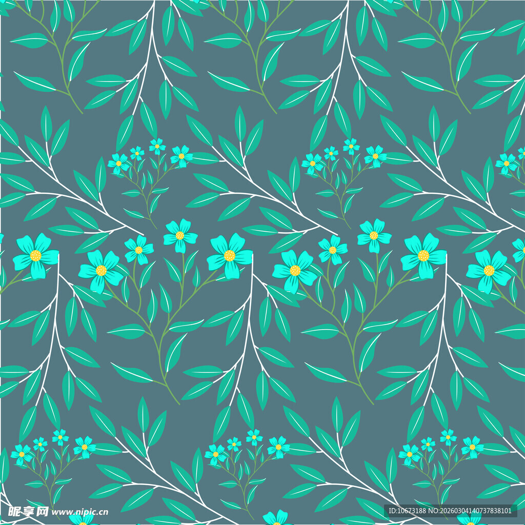 蓝绿花卉枝叶无缝图案