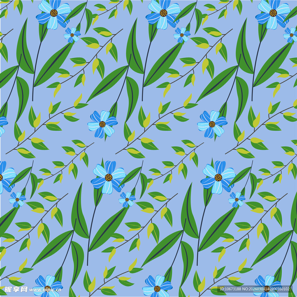 蓝色花卉绿叶图案背景