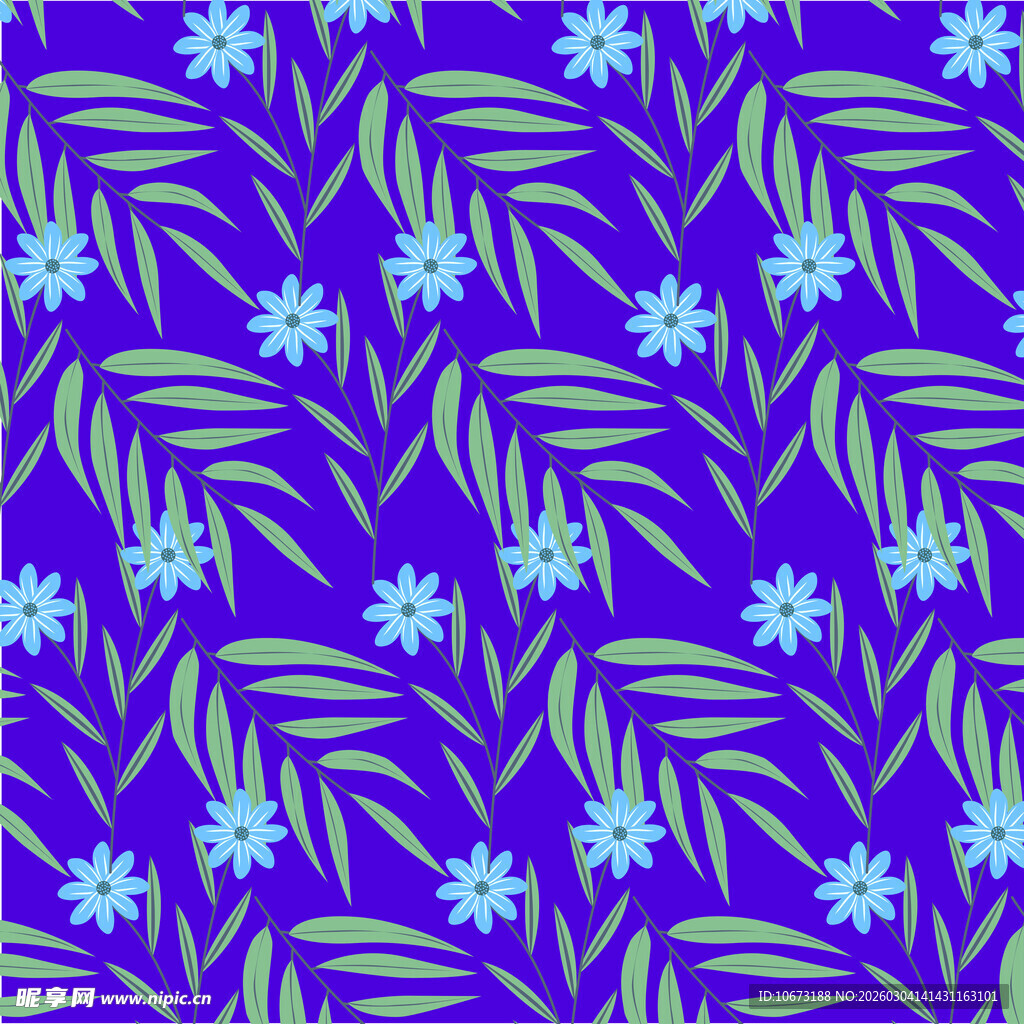 蓝底花卉枝叶图案
