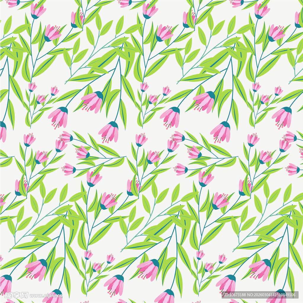 粉色花朵绿叶无缝图案