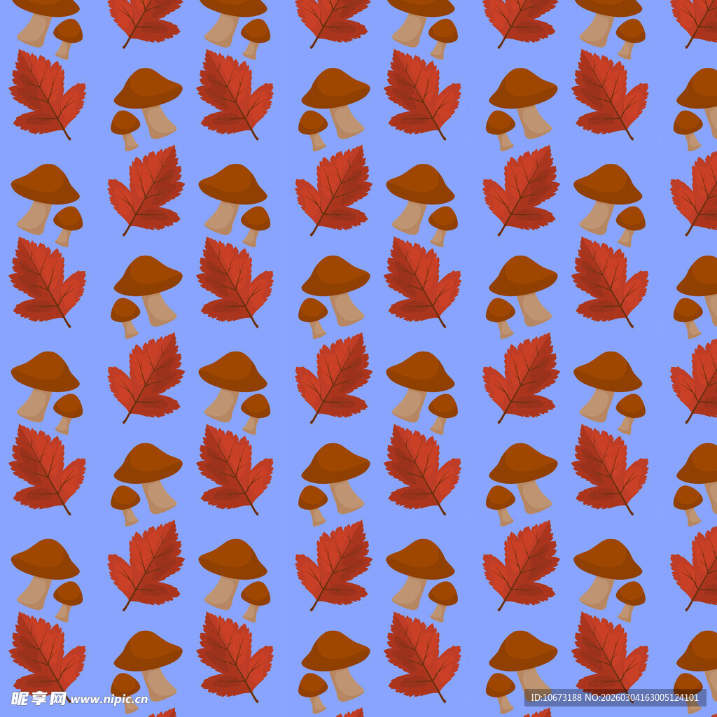 蓝色背景的蘑菇枫叶图案