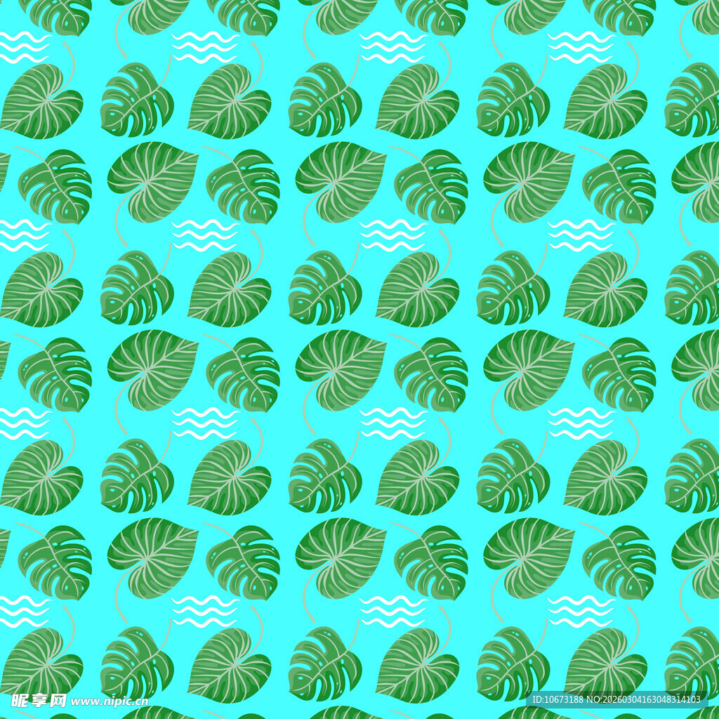 蓝底龟背竹叶无缝图案
