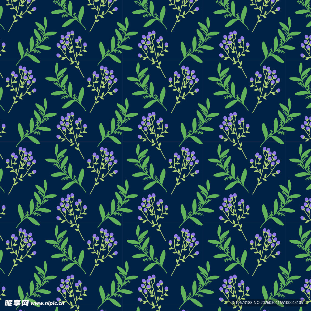 深蓝色底紫花绿叶图案