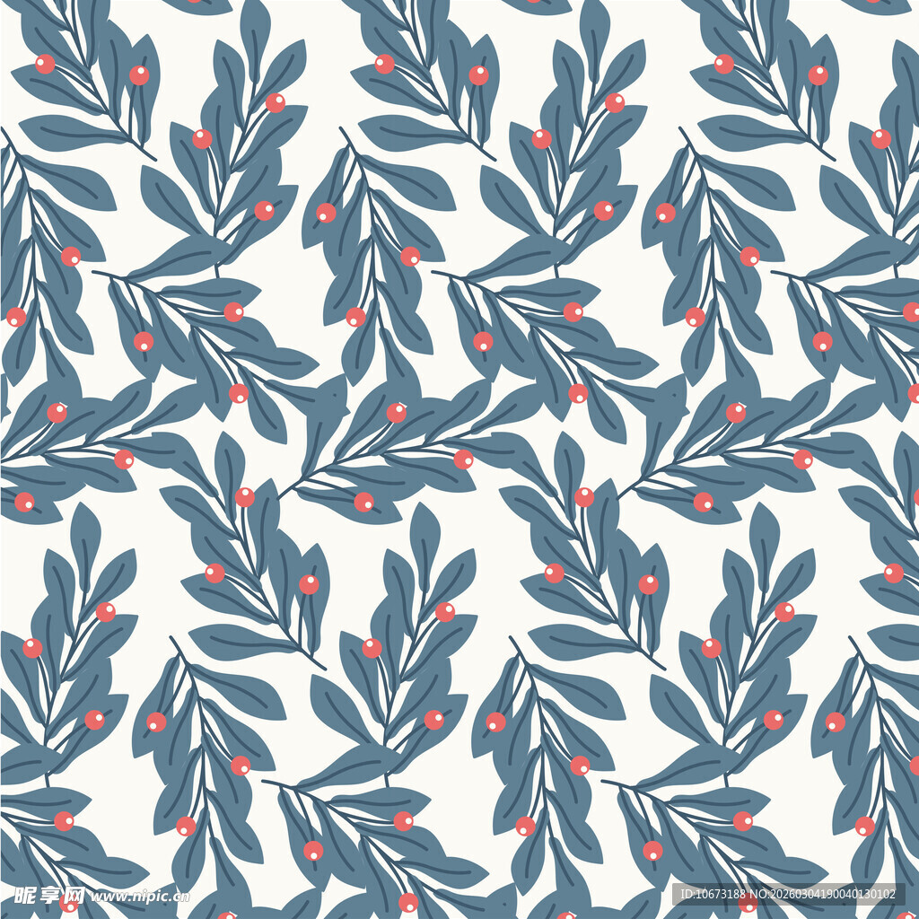 蓝叶红果植物花纹图案