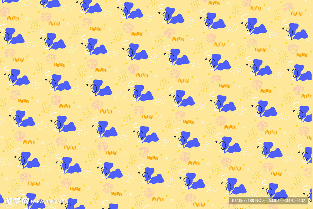 黄色背景蓝色图案无缝纹理