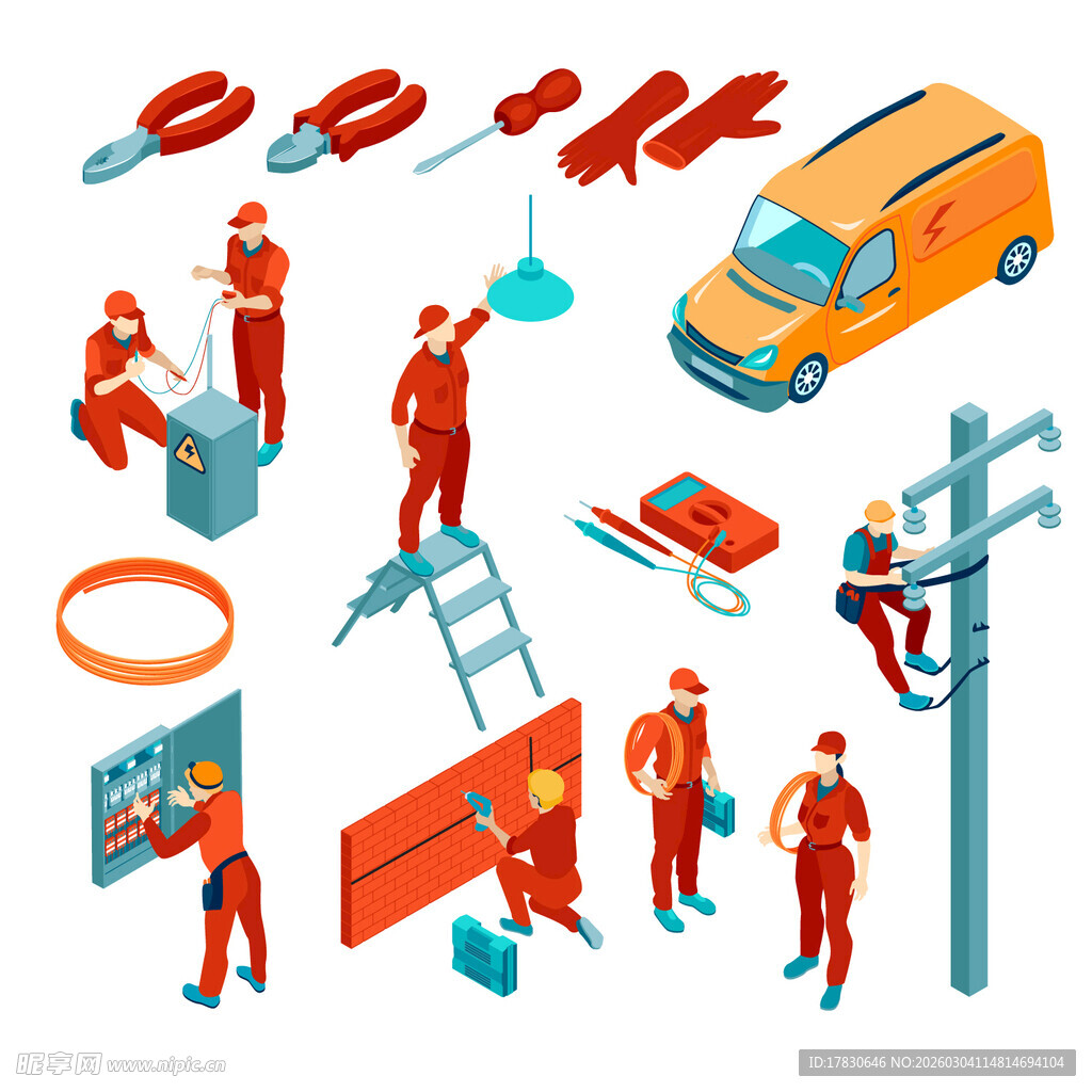 电力工人作业场景插画