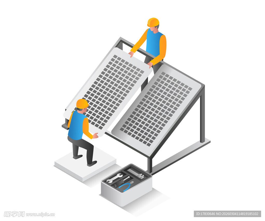 工人安装太阳能板场景