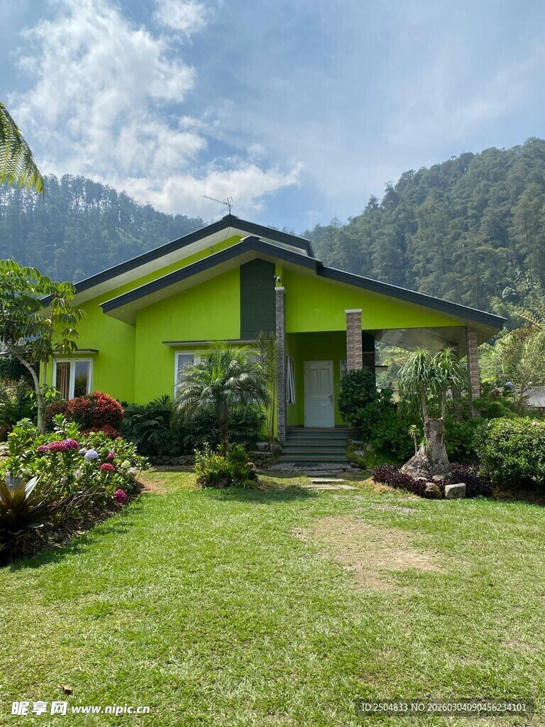 绿色小屋旁的美丽庭院