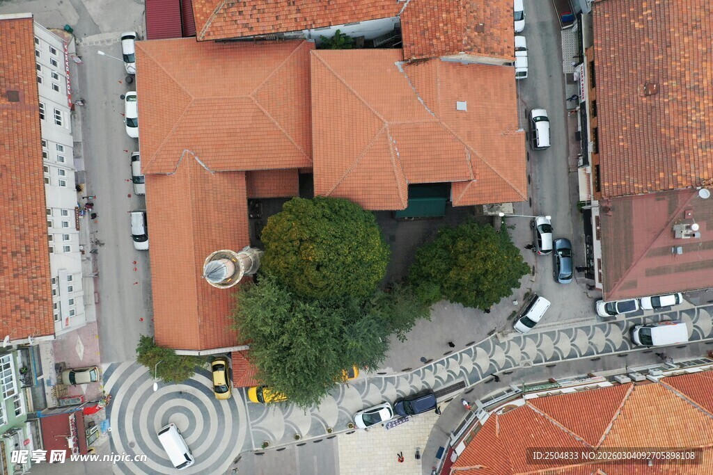 俯瞰红顶建筑与绿植景观